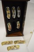 Glazed Display Case Containing Six Collectible Pocket Knives 