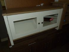 *TV Stand in Ivory and Light Oak Finish with Brushed Stainless Steel Knobs