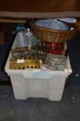 Box of Assorted Glassware, Reproduction Iron, Steam Cleaner, etc.