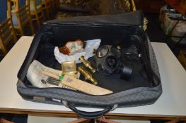 Suitcase and Contents Including Signed Yorkshire Cricket Club Bat, Brassware and Respirator Mask