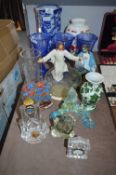 Blue Glass Goblets, Blue & White Vases, Glass Clocks, Jesus Figurines, etc.