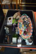 Box Containing Cat Ornaments, Decorative Tray, Paperweight, Nintendo Gameboy, etc.