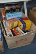 Box of Board Games and Books Including Trivial Pursuit, Othello , Brain Benders, etc.