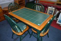 Green Painted Tiled Top Dining Table with Four Slatback Dining Chairs