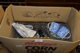 Box Containing Drinking Glassware, Steam Iron, Mugs, Inlaid Tray, etc.
