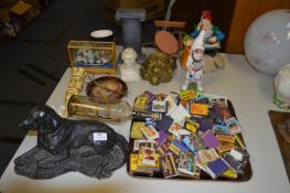 Table Lot of Ornaments; Ship in Bottle, Dog Figure, Matchbox Collection, Toby Jug, etc.