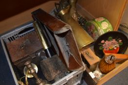 Two Boxes Containing Carriage Lamp, Tin Box, Oak Letter Rack, Brassware, Clock, etc.