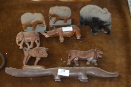 Carved Wood Animals; Elephant, Rhino, Crocodile