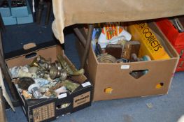 Two Boxes Containing Ornaments, Drinking Glassware, Prints, Silver Plate, etc.