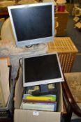Box Containing Books and Two PC Monitors