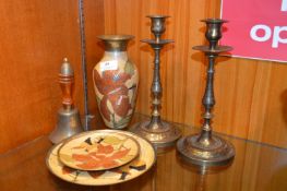 Indian Brass Candlesticks, Dishes, Vase and a Brass Bell