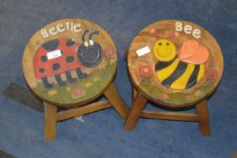 Two Children's Stools with Carved Beetle and Bee