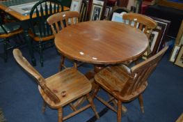Circular Pine Dining Table on Pedestal Base with Four Slatback Dining Chairs