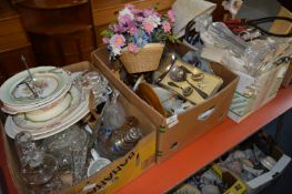 Three Boxes Containing Glassware, Cutlery, Ornaments, Onyx, Artificial Flowers, Table Lamp, etc.