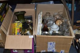 Two Boxes Containing Silver Plated Tea Set, Glassware Vases, Meat Dish, Dartington Bear Glass, etc.