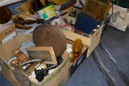 Four Boxes Containing Ornaments, Prints, Glassware, Silver Plate, Scales, Dinnerware, etc.