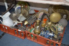 Two Boxes Containing a Large Quantity of Ornaments, Brassware, Carriage Lamp, Jugs, Model Boat, etc.