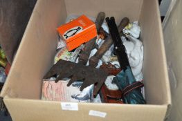 Box Containing Pottery Ornaments, Clock, Garden Sheers, Folding Stool