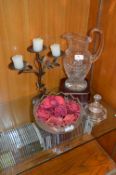 Large Presentation Glass Jug, Fruit Bowl and Candlestick