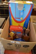 Box Containing Mini Tennis Kit, Drum, Bookends and Cycling Helmet