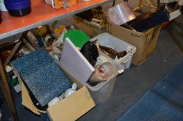 Four Boxes Containing Glassware, Table Lamps, Trays, Candlesticks, Grilling Machine, Mugs,