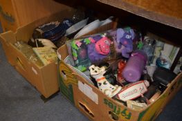 Two Boxes Containing Ornaments, Prints, Clocks, Glassware and Pottery