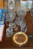 Glassware Decanters, Jugs, Bowls and a Eight Day Wall Clock