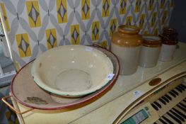 Cream Enamel Pan and Stoneware Jars