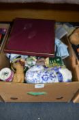 Box of Ornaments Including Nao and a Porcelain Headed Doll etc.