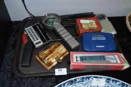 Tray Lot; Bone Trinket Box, Pen Knives, Calculators and Magnifying Glasses