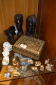 Inlaid Trinket Box, African Carved Ebony Figurines and Wade Whimsies