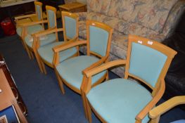 Five Beech Framed Green Upholstered Dining Armchairs