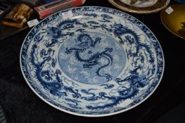 Large Blue & White Oriental Charger with Dragon Decoration