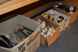 Four Boxes Containing Glassware, Ornaments, Tea Set, Clock, etc.