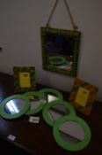 Green Framed Circular Mirrors, Bamboo Mirror and Two Photo Frames
