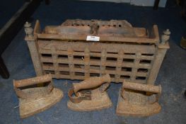 Cast Iron Fire Front, Dog Grate and Irons