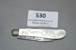 Silver & Engraved Mother of Pearl Pen Knife , Sheffield 1902