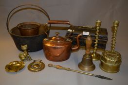 Collection of Brassware, including Candlesticks, Money Box, Kettle etc