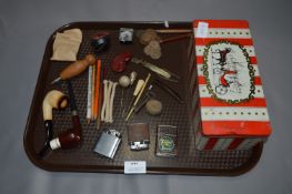 Tray containing Advertising Pencils, Pipes, Cigarette Lighters, Coins, Tin etc