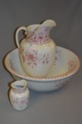 Red & White Pottery Washbowl & Jug Set