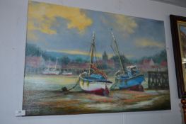 Jack Rigg Oil Painting on Canvas - Boats Moored in Harbour