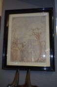 Framed Religious Print Depicting a Saint Feeding Birds