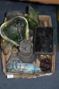 Box containing Glassware, Brass Lamp, etc