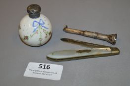 Silver Topped Scent Bottle - Silver Cigar Cheroot & Silver Mother of Pearl Pen Knife
