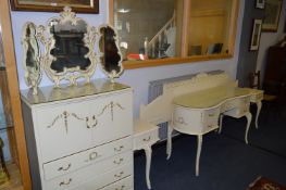 White & Gilt Part Bedroom Suite comprising of Tall Boy, Kidney Shaped Dressing Table, Headboard with