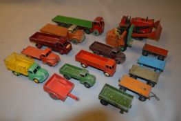 Tray containing 15 Dinky Diecast Vehicles, Trucks and Trailers etc