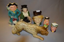 5 Toby Jugs - 1 Musical & Eastgate Pottery Leopard Figurine