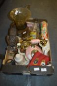 Box containing Telephone, Carved Wood Figurine, Brassware etc