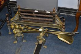 Brass and Iron Fire Front with Brass Companion Set, Brass Fire Dogs
