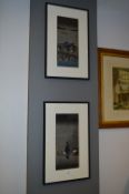 Pair of Framed Japanese Watercolours - Geisha Girl and Figures on Bridge